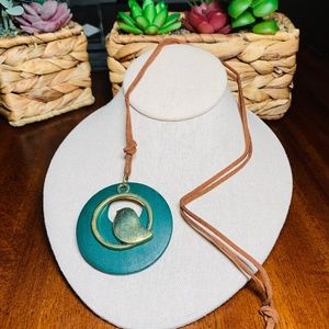 Brass Bird and Hunter Green Wooden Disc Pendant on 30” Brown Suede Cord